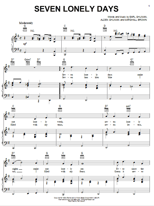 Learn to play Patsy Cline Seven Lonely Days sheet music for Piano, Vocal & Guitar Chords (Right-Hand Melody) in minutes. Price: 6.9900$ Patsy Cline Seven Lonely Days sheet music notes and chords arranged for Piano, Vocal & Guitar Chords (Right-Hand Melody)