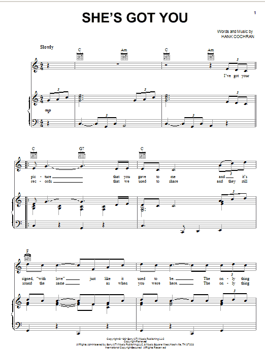 Patsy Cline She's Got You sheet music notes and chords. Download Printable PDF.