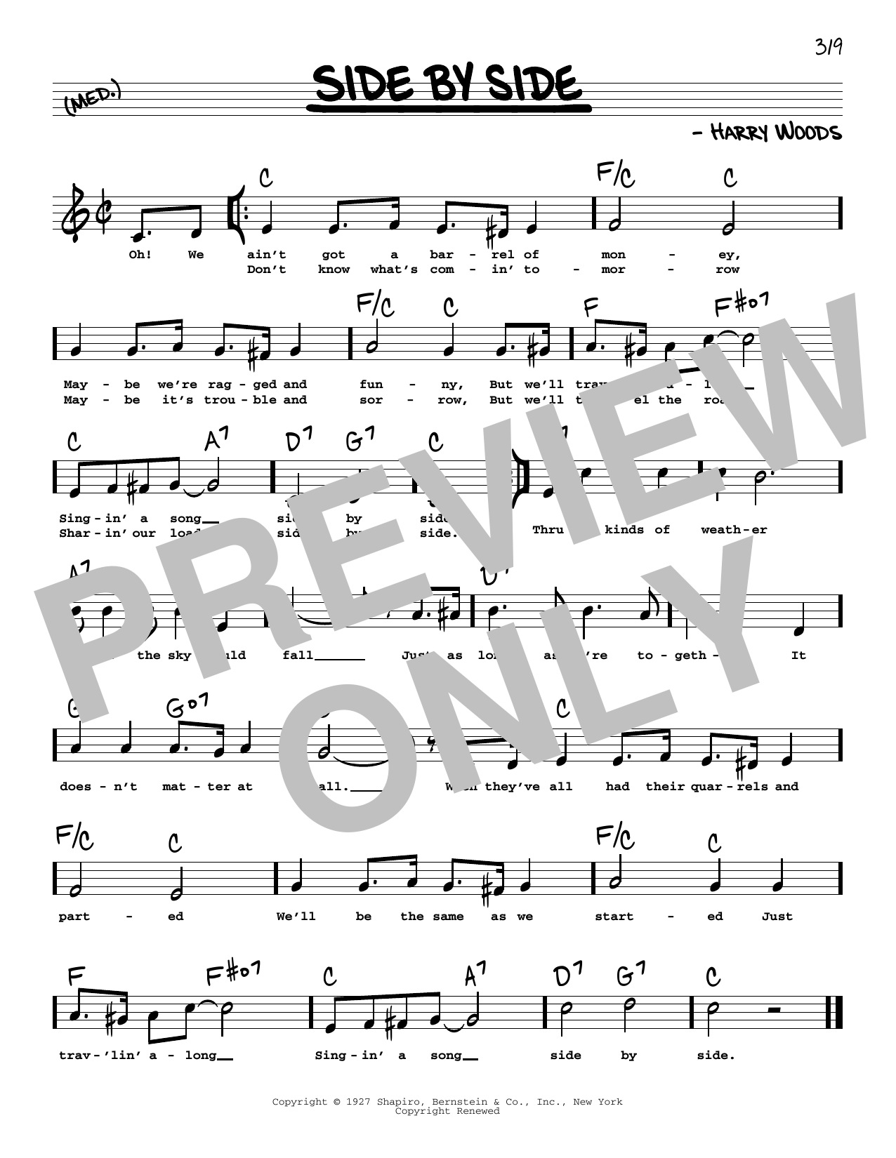 Patsy Cline Side By Side (High Voice) sheet music notes and chords. Download Printable PDF.