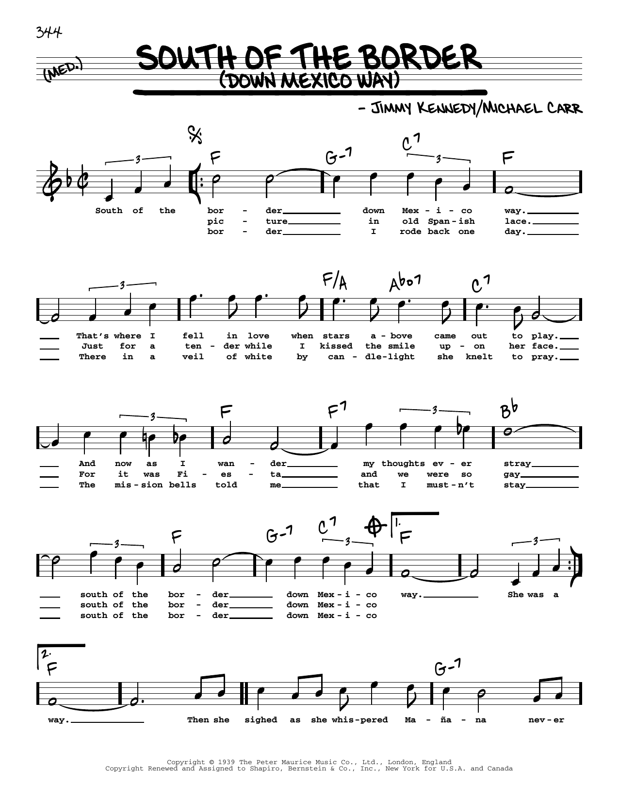 Patsy Cline South Of The Border (Down Mexico Way) (High Voice) sheet music notes and chords. Download Printable PDF.