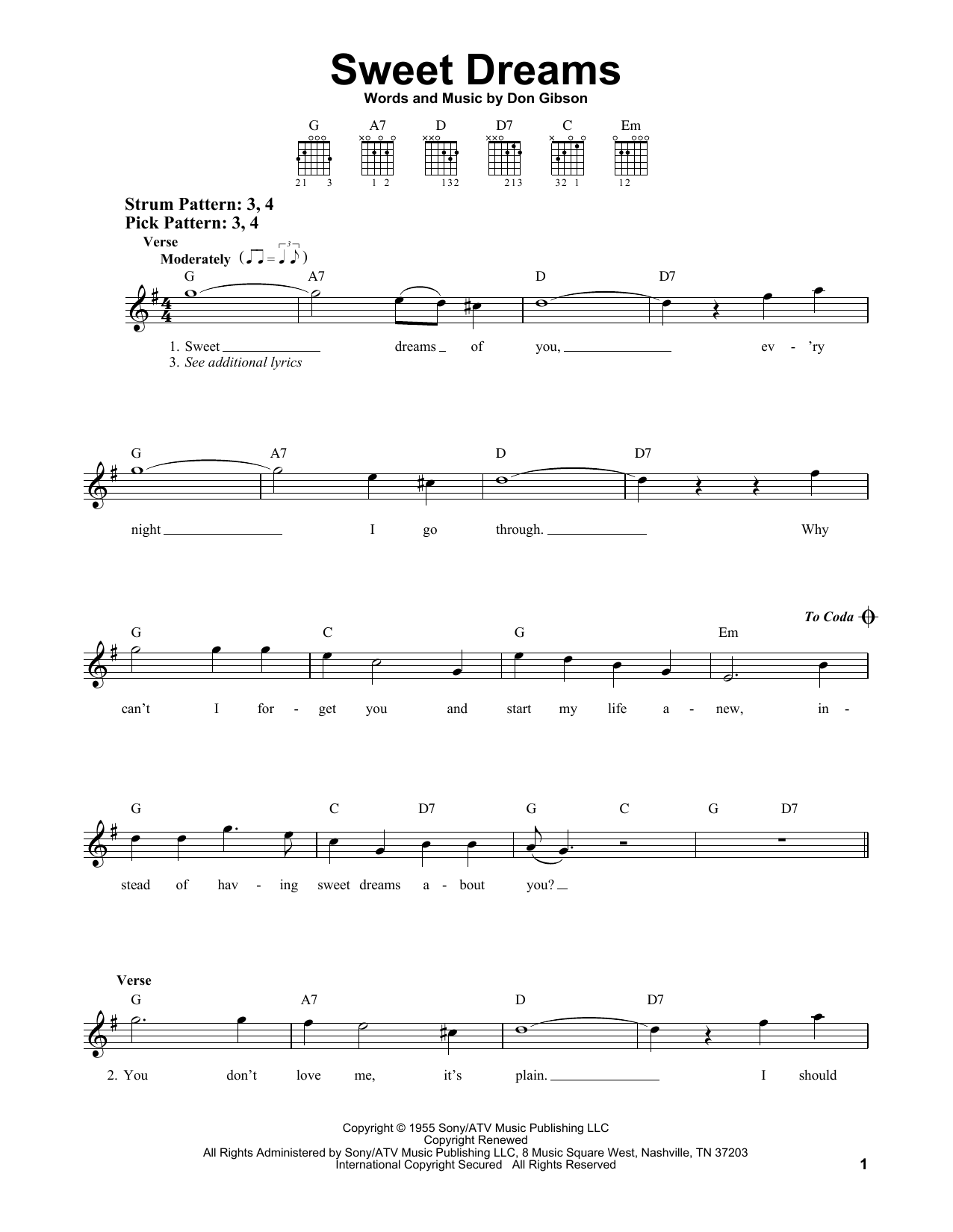 Patsy Cline Sweet Dreams sheet music notes and chords. Download Printable PDF.