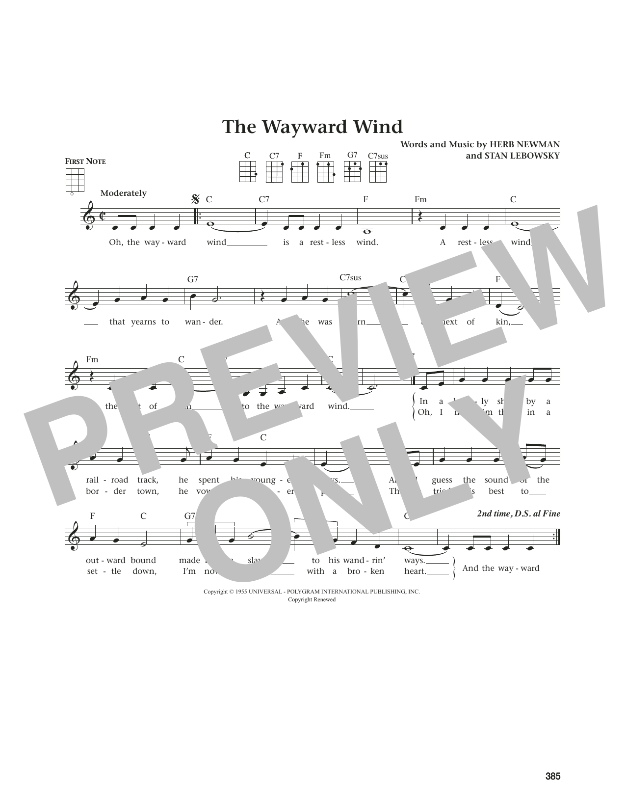 Patsy Cline The Wayward Wind (from The Daily Ukulele) (arr. Jim Beloff) sheet music notes and chords. Download Printable PDF.