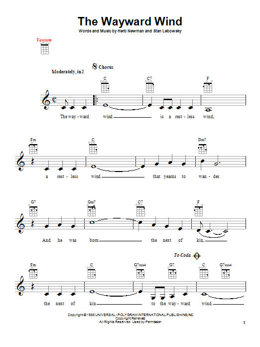 Patsy Cline The Wayward Wind sheet music notes and chords. Download Printable PDF.