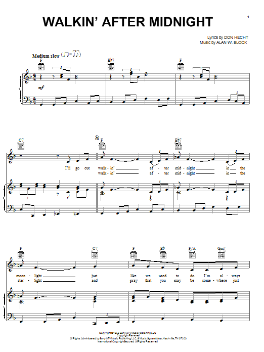 Patsy Cline Walkin' After Midnight sheet music notes and chords. Download Printable PDF.