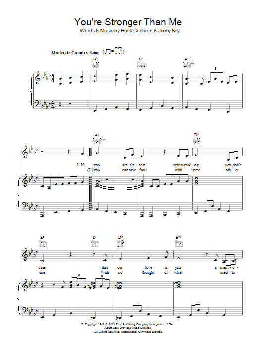 Learn to play Patsy Cline You're Stronger Than Me sheet music for Piano, Vocal & Guitar Chords in minutes. Price: 7.8900$ Patsy Cline You're Stronger Than Me sheet music notes and chords arranged for Piano, Vocal & Guitar Chords