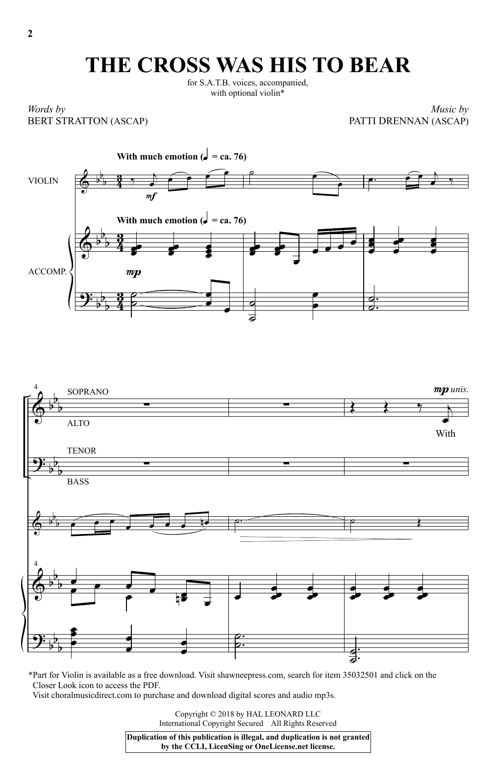 Patti Drennan The Cross Was His To Bear sheet music notes and chords arranged for SATB Choir