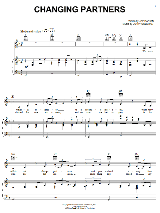 Patti Page Changing Partners sheet music notes and chords arranged for Piano, Vocal & Guitar Chords (Right-Hand Melody)