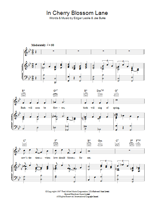 Learn to play Patti Page It Looks Like Rain In Cherry Blossom Lane sheet music for Piano, Vocal & Guitar Chords in minutes. Price: 7.8900$ Patti Page It Looks Like Rain In Cherry Blossom Lane sheet music notes and chords arranged for Piano, Vocal & Guitar Chords