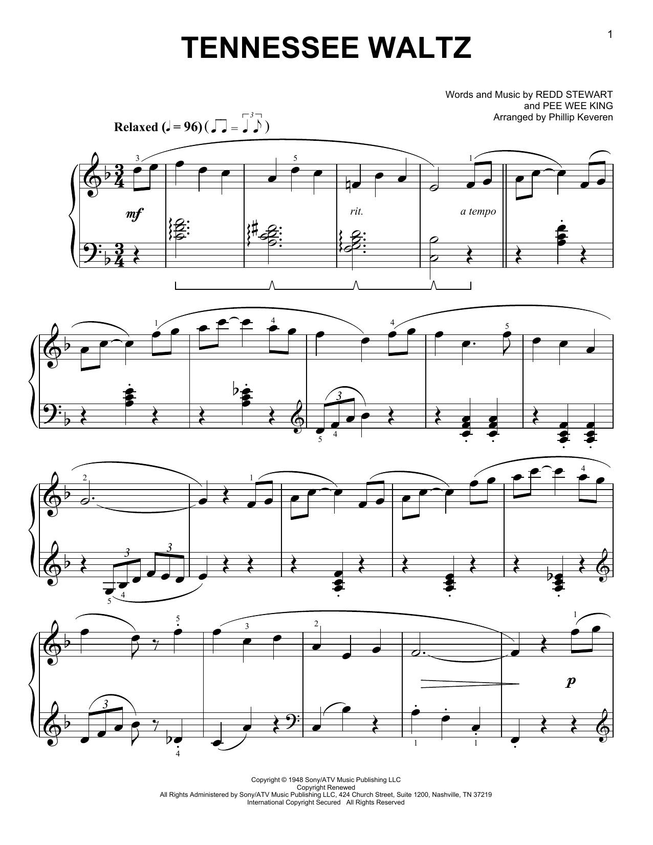 Patti Page Tennessee Waltz [Classical version] (arr. Phillip Keveren) sheet music notes and chords. Download Printable PDF.