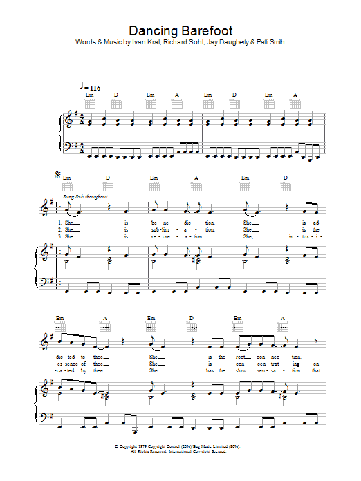 Patti Smith Dancing Barefoot sheet music notes and chords. Download Printable PDF.