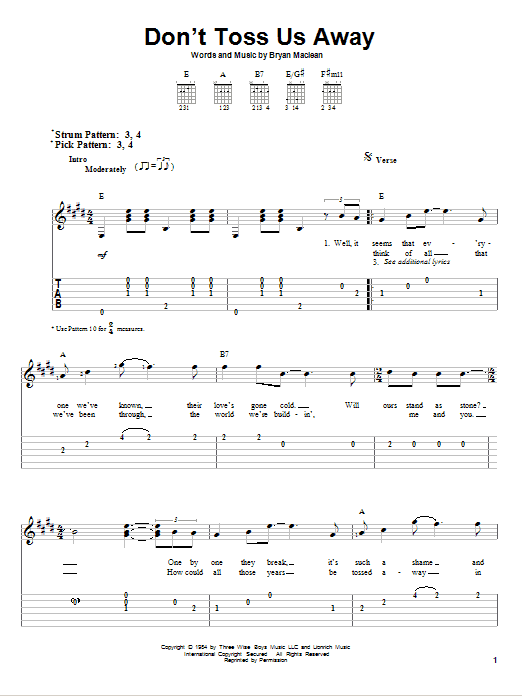 Patty Loveless Don't Toss Us Away sheet music notes and chords arranged for Piano, Vocal & Guitar Chords (Right-Hand Melody)