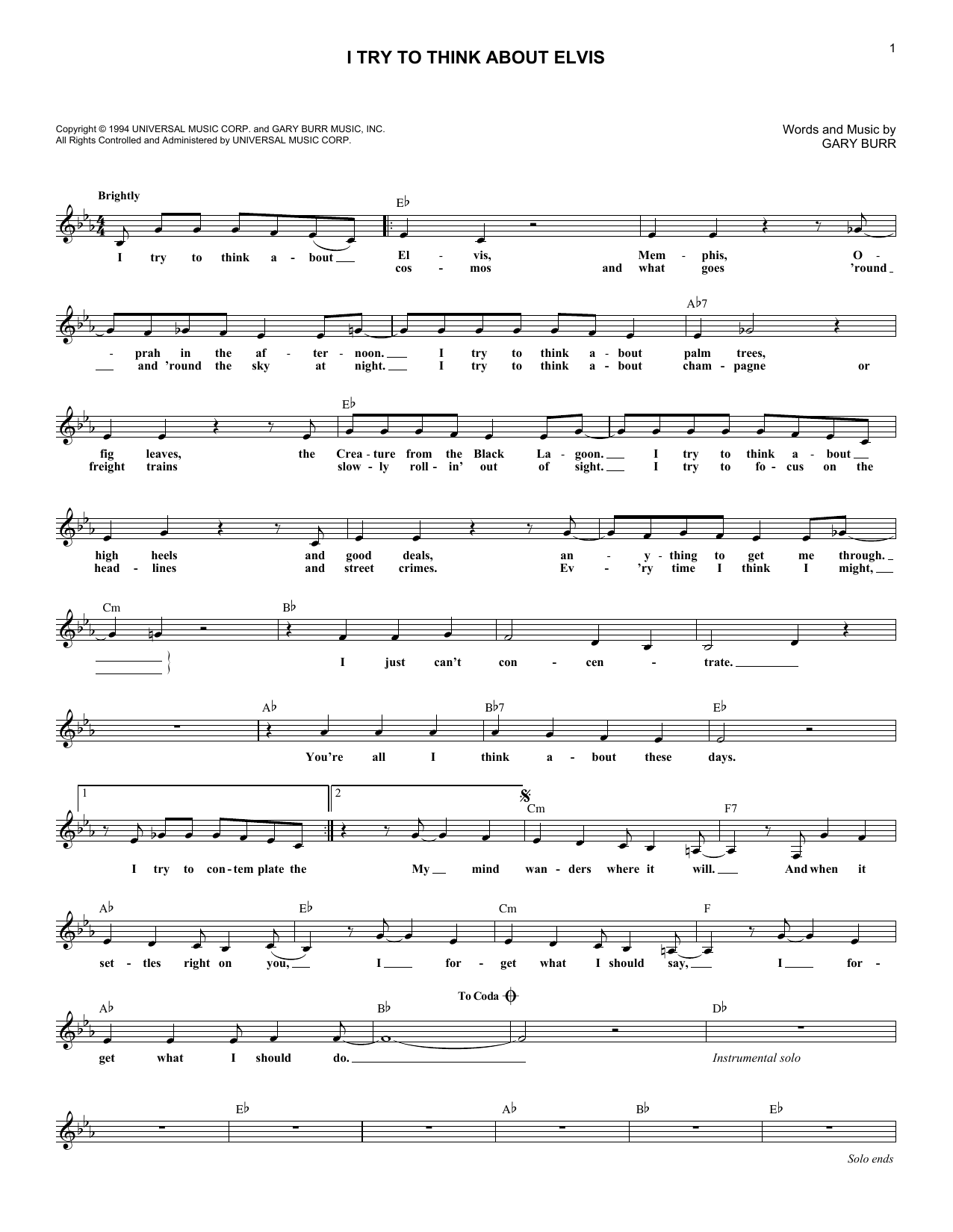 Learn to play Patty Loveless I Try To Think About Elvis sheet music for Lead Sheet / Fake Book in minutes. Price: 5.9900$ Patty Loveless I Try To Think About Elvis sheet music notes and chords arranged for Lead Sheet / Fake Book
