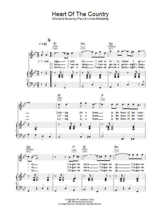 Learn to play Paul & Linda McCartney Heart Of The Country sheet music for Piano, Vocal & Guitar Chords in minutes. Price: 7.8900$ Paul & Linda McCartney Heart Of The Country sheet music notes and chords arranged for Piano, Vocal & Guitar Chords