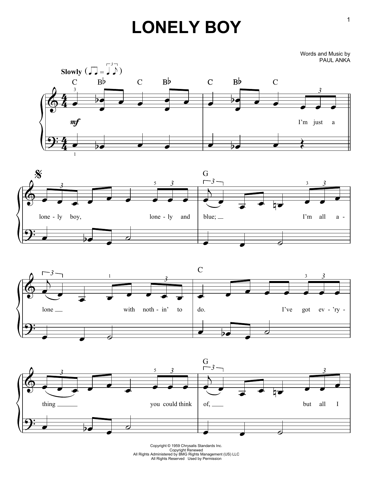 Paul Anka Lonely Boy sheet music notes and chords. Download Printable PDF.