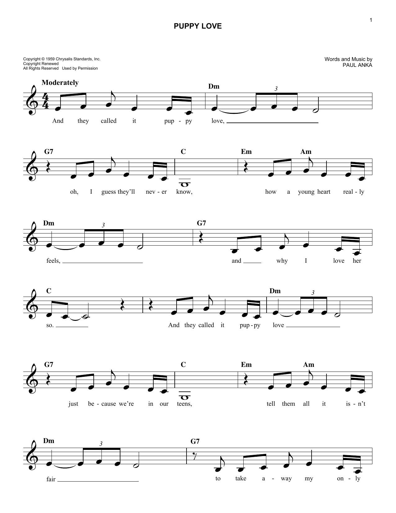 Paul Anka Puppy Love sheet music notes and chords. Download Printable PDF.