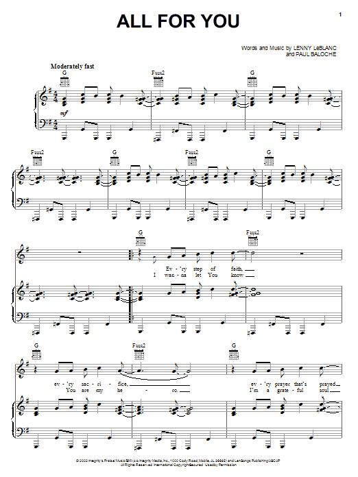 Learn to play Paul Baloche All For You sheet music for Piano, Vocal & Guitar Chords (Right-Hand Melody) in minutes. Price: 7.8900$ Paul Baloche All For You sheet music notes and chords arranged for Piano, Vocal & Guitar Chords (Right-Hand Melody)