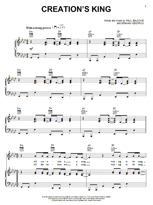 Learn to play Paul Baloche Creation's King sheet music for Piano, Vocal & Guitar Chords (Right-Hand Melody) in minutes. Price: 7.8900$ Paul Baloche Creation's King sheet music notes and chords arranged for Piano, Vocal & Guitar Chords (Right-Hand Melody)