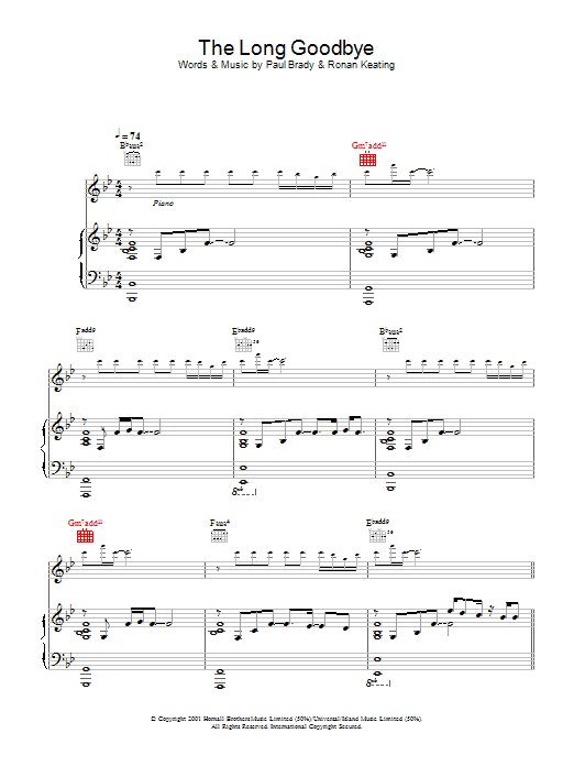 Learn to play Paul Brady The Long Goodbye sheet music for Piano, Vocal & Guitar Chords in minutes. Price: 7.8900$ Paul Brady The Long Goodbye sheet music notes and chords arranged for Piano, Vocal & Guitar Chords