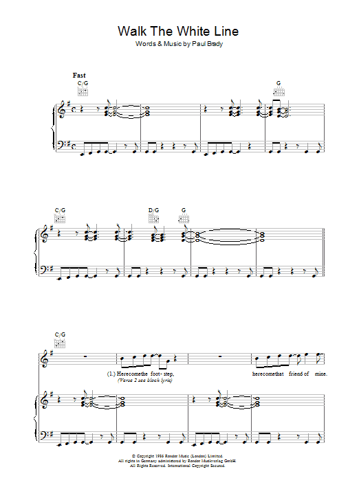 Learn to play Paul Brady Walk The White Line sheet music for Piano, Vocal & Guitar Chords in minutes. Price: 7.8900$ Paul Brady Walk The White Line sheet music notes and chords arranged for Piano, Vocal & Guitar Chords