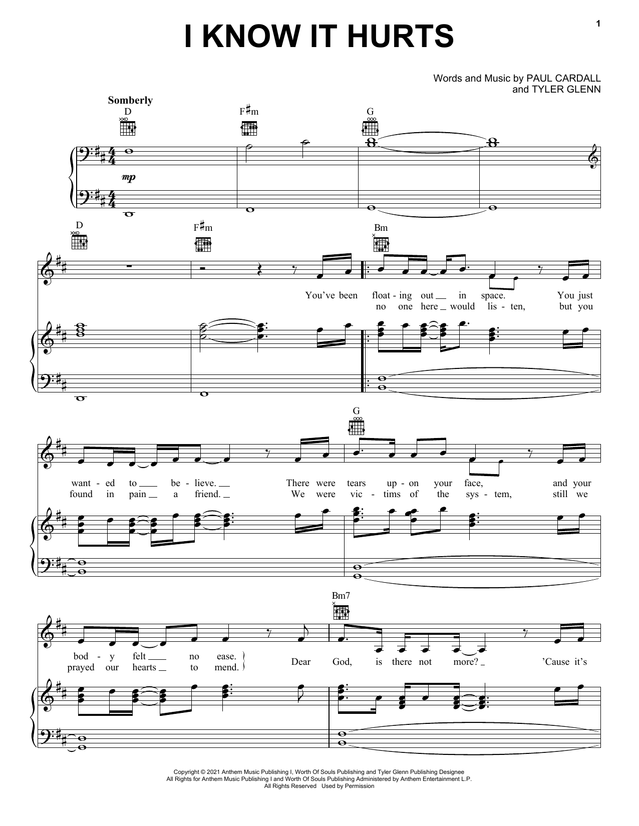 Learn to play Paul Cardall and Tyler Glenn I Know It Hurts sheet music for Piano, Vocal & Guitar Chords (Right-Hand Melody) in minutes. Price: 7.8900$ Paul Cardall and Tyler Glenn I Know It Hurts sheet music notes and chords arranged for Piano, Vocal & Guitar Chords (Right-Hand Melody)
