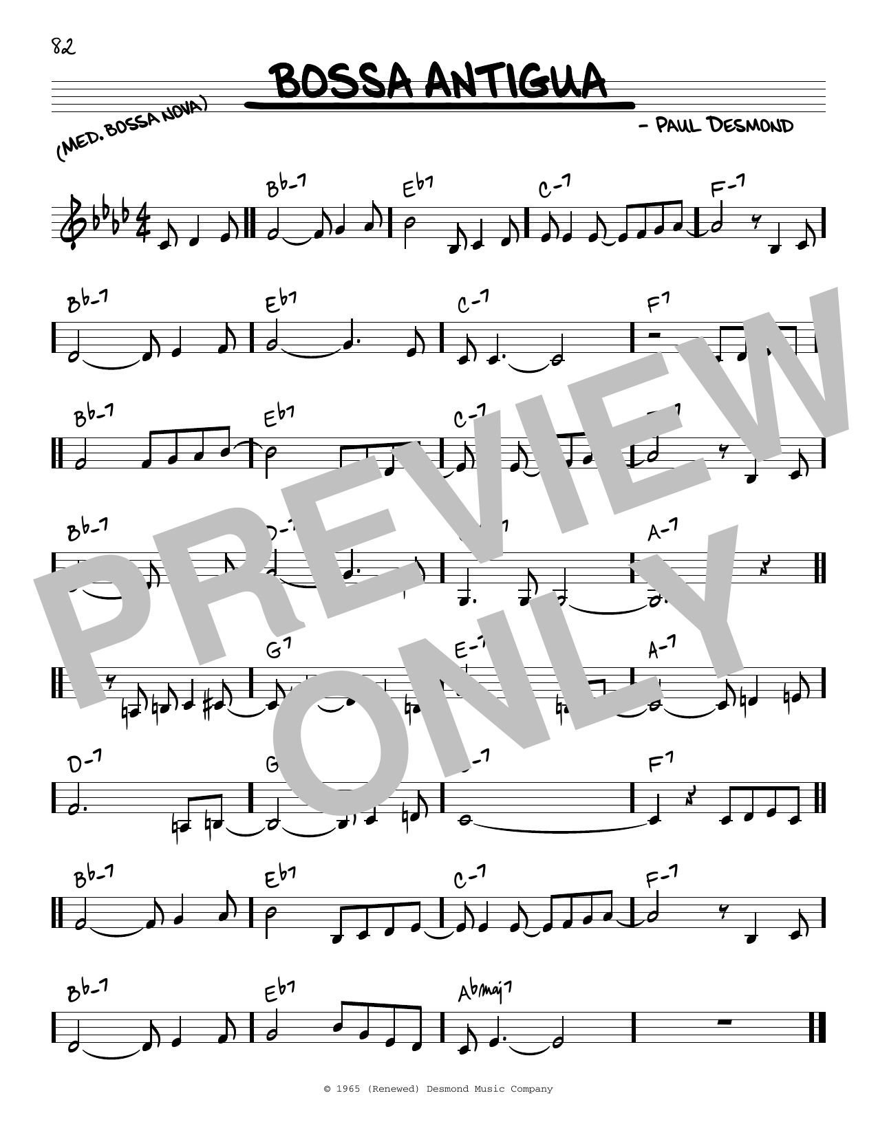 Learn to play Paul Desmond Bossa Antigua sheet music for Real Book – Melody & Chords – C Instruments in minutes. Price: 5.9900$ Paul Desmond Bossa Antigua sheet music notes and chords arranged for Real Book – Melody & Chords – C Instruments