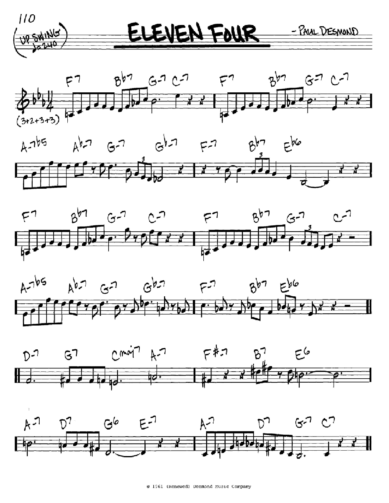Learn to play Paul Desmond Eleven Four sheet music for Real Book – Melody & Chords – C Instruments in minutes. Price: 5.9900$ Paul Desmond Eleven Four sheet music notes and chords arranged for Real Book – Melody & Chords – C Instruments