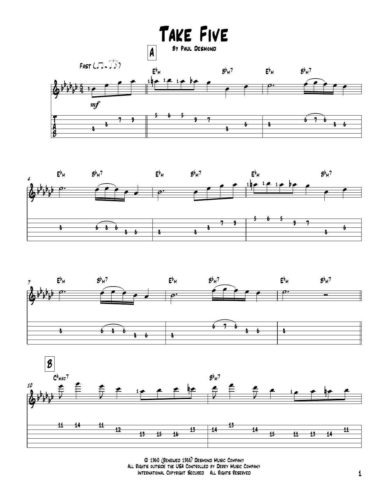 Paul Desmond Take Five sheet music notes and chords. Download Printable PDF.