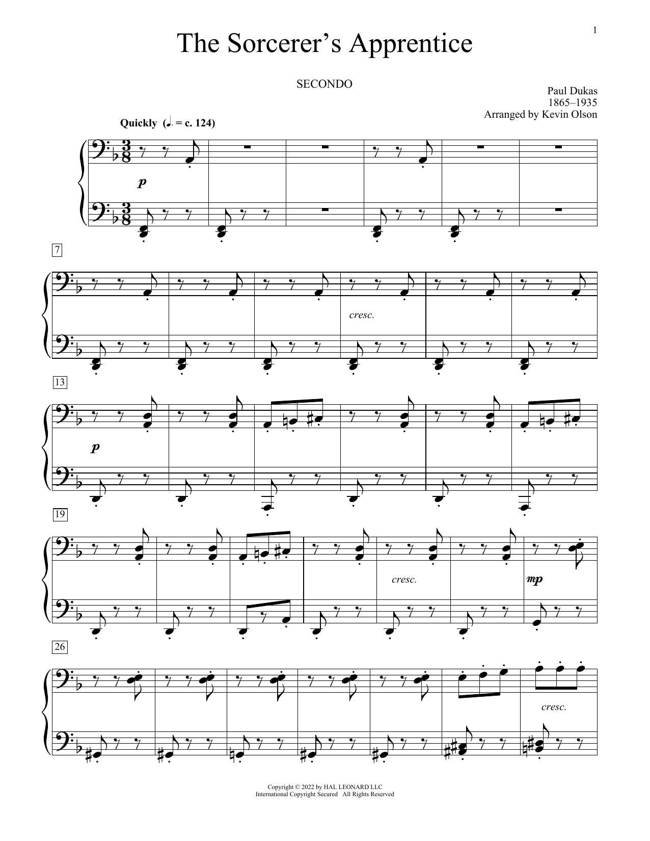 Learn to play Paul Dukas The Sorcerer's Apprentice (arr. Kevin Olson) sheet music for Piano Duet in minutes. Price: 7.8900$ Paul Dukas The Sorcerer's Apprentice (arr. Kevin Olson) sheet music notes and chords arranged for Piano Duet