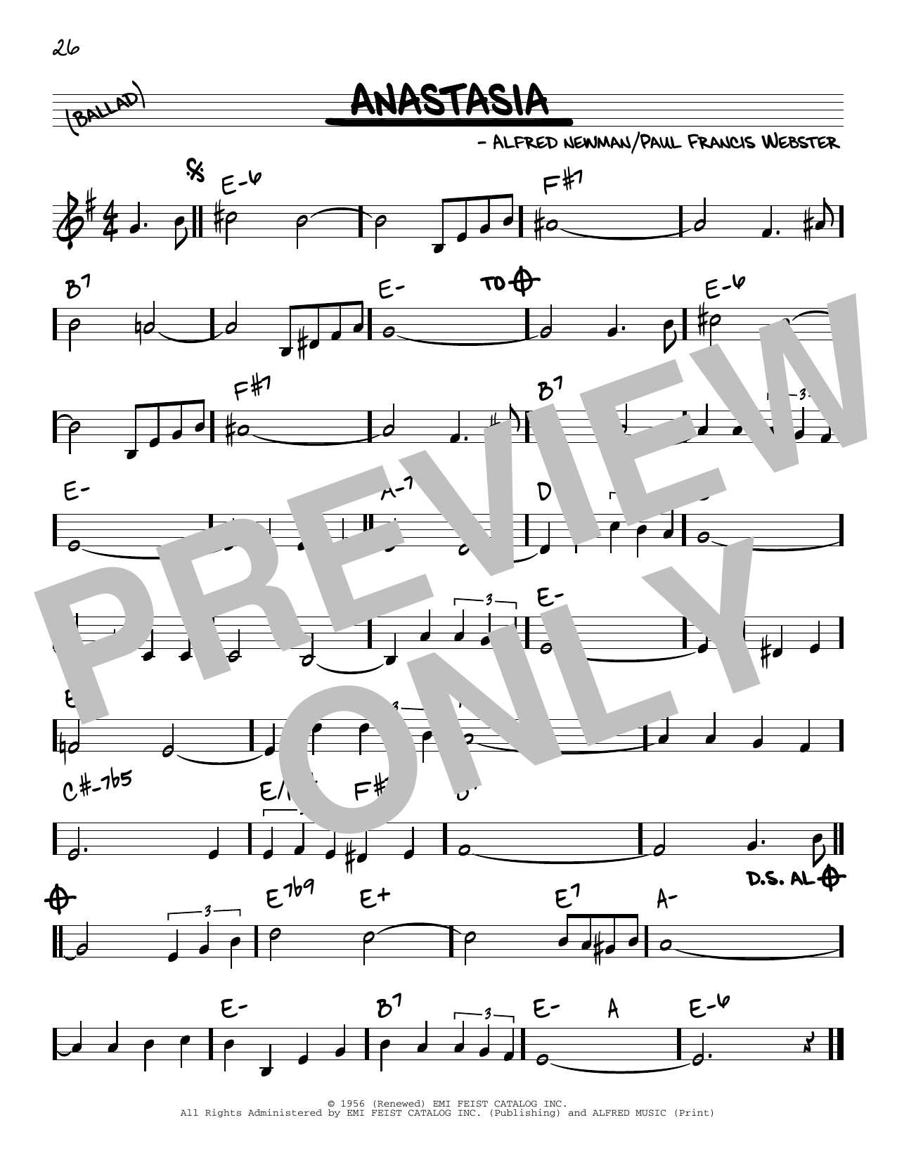 Learn to play Paul Francis Webster and Alfred Newman Anastasia sheet music for Real Book – Melody & Chords in minutes. Price: 5.9900$ Paul Francis Webster and Alfred Newman Anastasia sheet music notes and chords arranged for Real Book – Melody & Chords