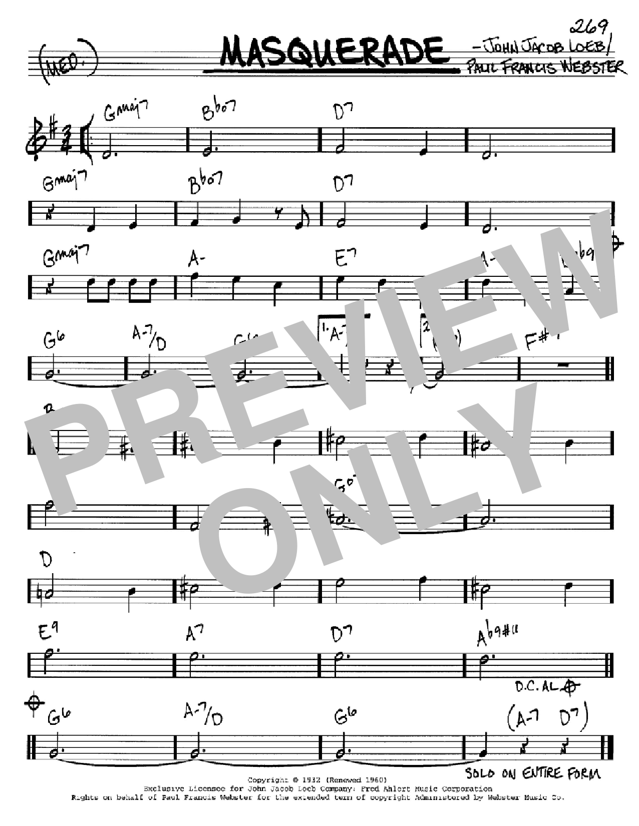 Learn to play Paul Francis Webster Masquerade sheet music for Real Book – Melody & Chords – C Instruments in minutes. Price: 5.9900$ Paul Francis Webster Masquerade sheet music notes and chords arranged for Real Book – Melody & Chords – C Instruments