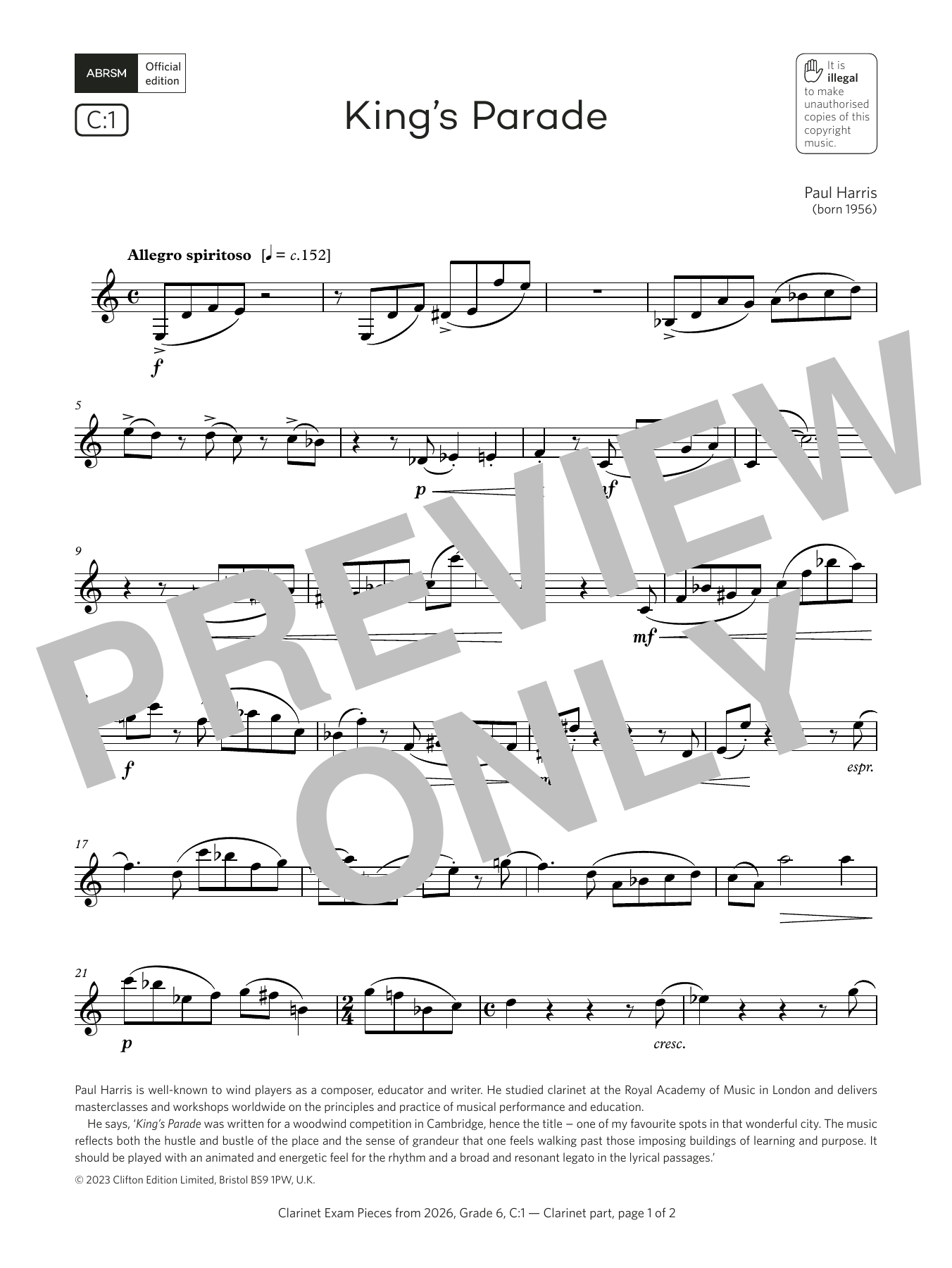 Learn to play Paul Harris King's Parade (Grade 6, list C1, from the ABRSM Clarinet Syllabus from 2026) sheet music for Clarinet Solo in minutes. Price: 6.9900$ Paul Harris King's Parade (Grade 6, list C1, from the ABRSM Clarinet Syllabus from 2026) sheet music notes and chords arranged for Clarinet Solo