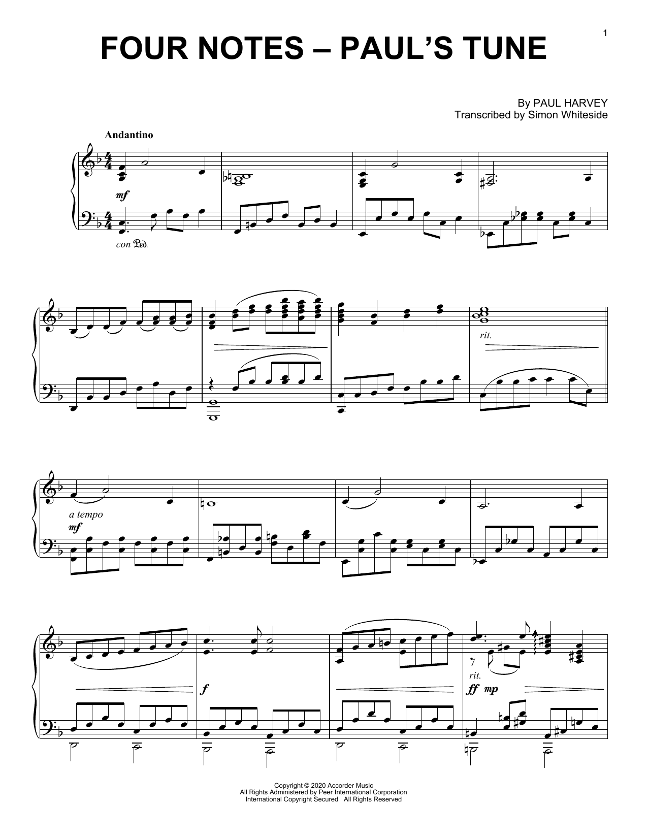 Learn to play Paul Harvey Four Notes - Paul's Tune sheet music for Piano Solo in minutes. Price: 7.8900$ Paul Harvey Four Notes - Paul's Tune sheet music notes and chords arranged for Piano Solo