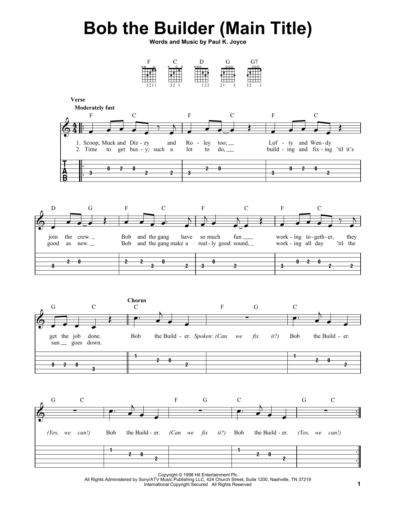 Paul K. Joyce Bob The Builder (Main Title) sheet music notes and chords. Download Printable PDF.