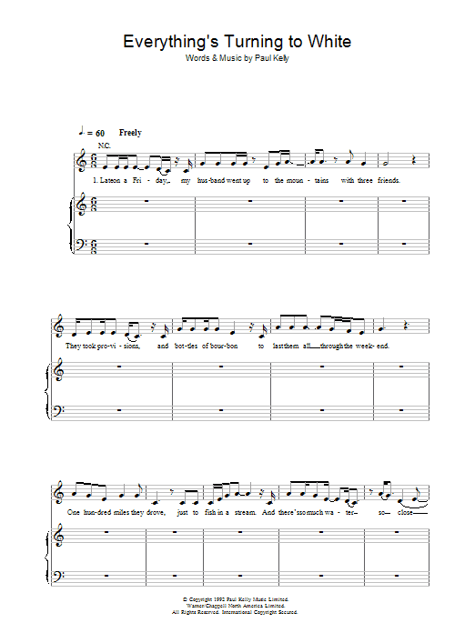 Learn to play Paul Kelly Everything's Turning To White sheet music for Piano, Vocal & Guitar Chords in minutes. Price: 7.8900$ Paul Kelly Everything's Turning To White sheet music notes and chords arranged for Piano, Vocal & Guitar Chords