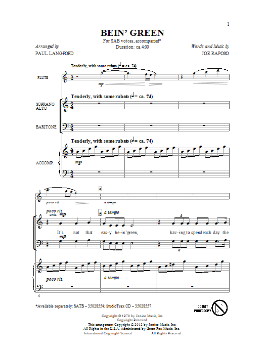Learn to play Paul Langford Bein' Green sheet music for SAB Choir in minutes. Price: 3.9900$ Paul Langford Bein' Green sheet music notes and chords arranged for SAB Choir