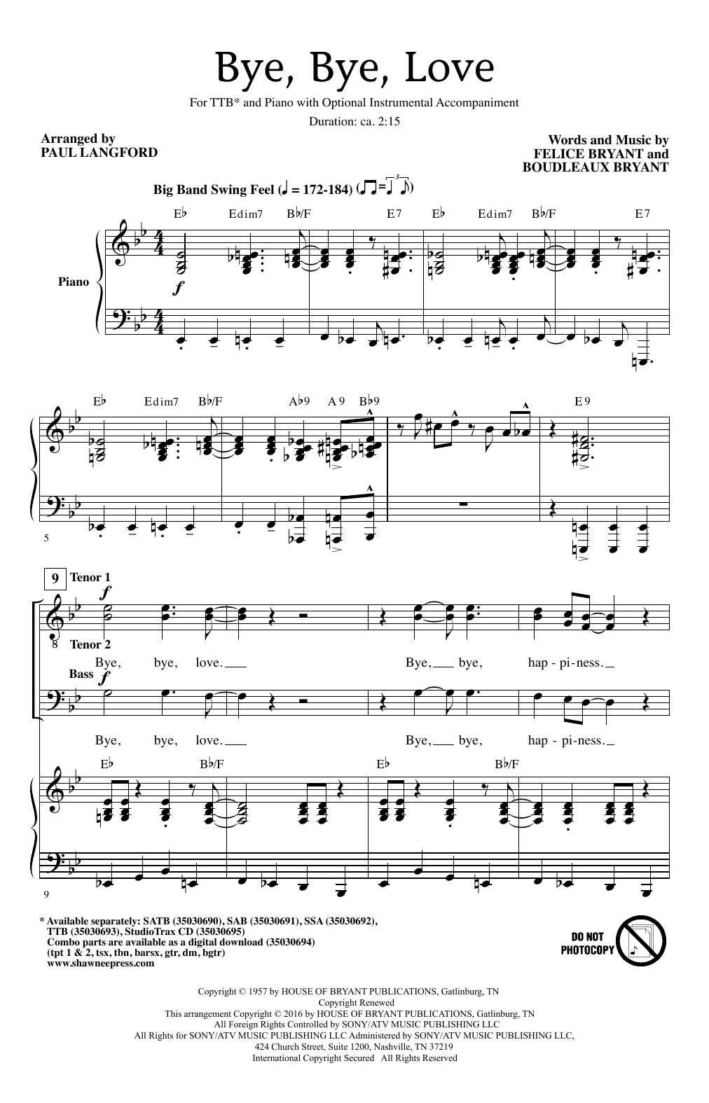 The Everly Brothers Bye Bye Love (arr. Paul Langford) sheet music notes and chords. Download Printable PDF.