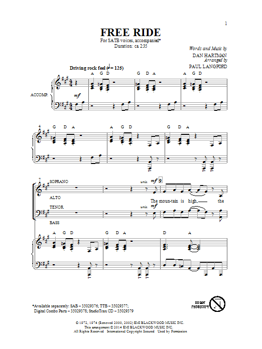 Learn to play Dan Hartman Free Ride (arr. Paul Langford) sheet music for TTBB Choir in minutes. Price: 3.9900$ Dan Hartman Free Ride (arr. Paul Langford) sheet music notes and chords arranged for TTBB Choir