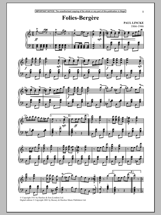 Learn to play Paul Lincke Folies Bergere sheet music for Piano Solo in minutes. Price: 7.8900$ Paul Lincke Folies Bergere sheet music notes and chords arranged for Piano Solo