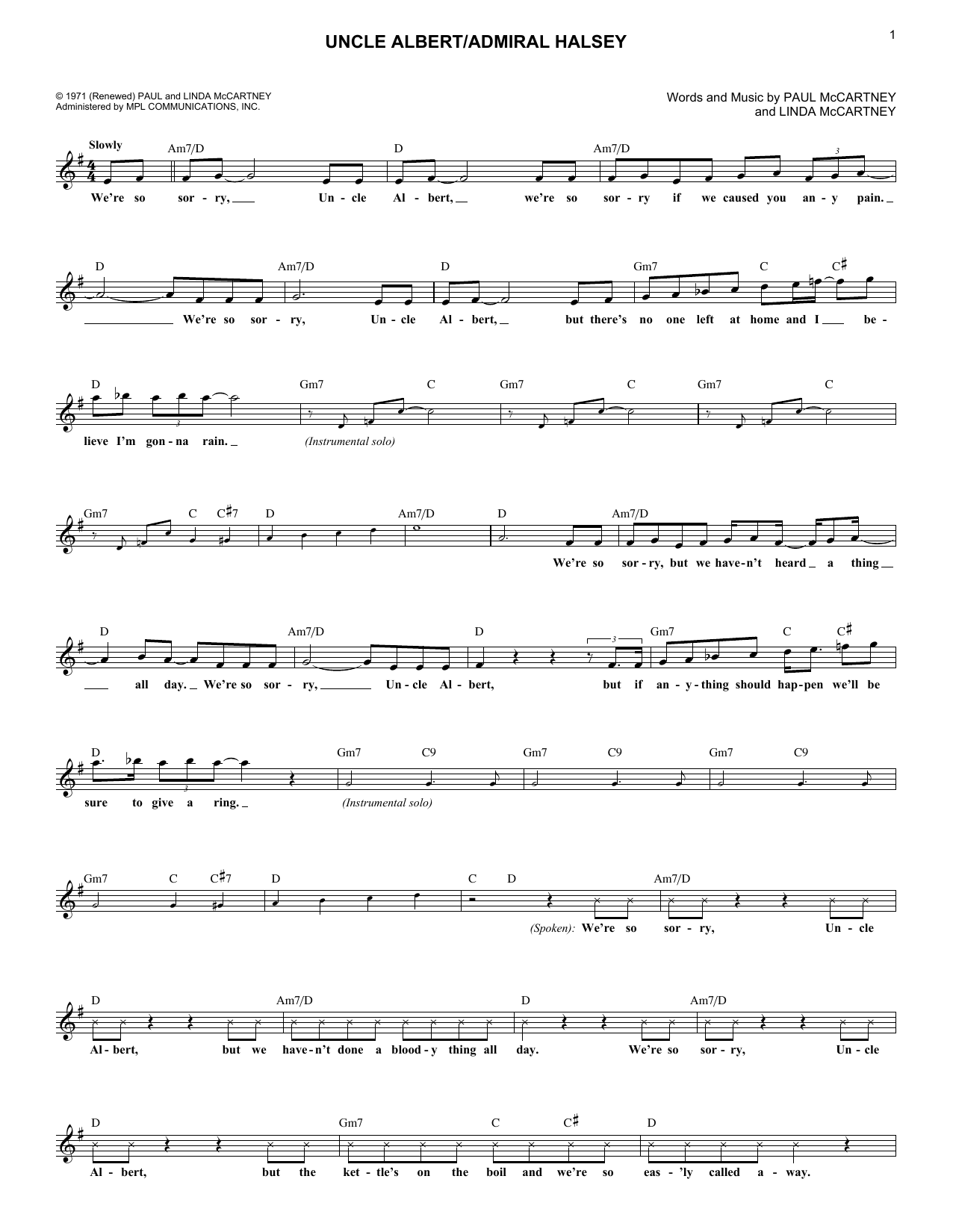 Paul McCartney & Wings Uncle Albert / Admiral Halsey sheet music notes and chords. Download Printable PDF.