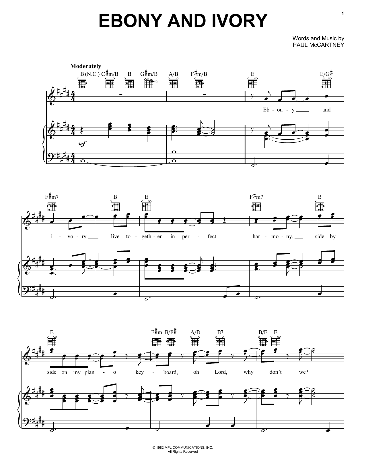 Paul McCartney and Stevie Wonder Ebony And Ivory sheet music notes and chords arranged for Guitar Chords/Lyrics