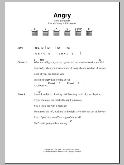 Paul McCartney Angry sheet music notes and chords. Download Printable PDF.