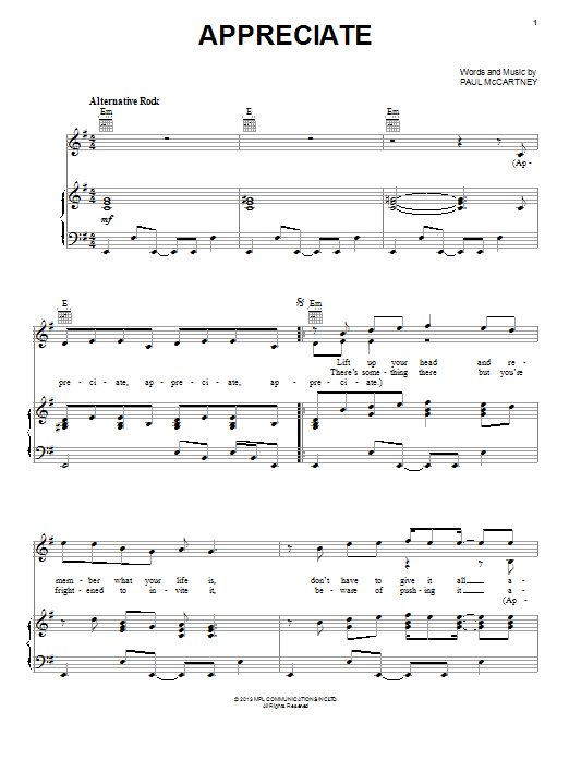 Learn to play Paul McCartney Appreciate sheet music for Piano, Vocal & Guitar Chords (Right-Hand Melody) in minutes. Price: 7.8900$ Paul McCartney Appreciate sheet music notes and chords arranged for Piano, Vocal & Guitar Chords (Right-Hand Melody)