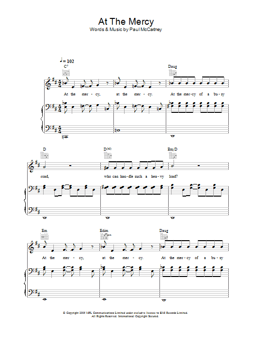 Learn to play Paul McCartney At The Mercy sheet music for Piano, Vocal & Guitar Chords in minutes. Price: 7.8900$ Paul McCartney At The Mercy sheet music notes and chords arranged for Piano, Vocal & Guitar Chords