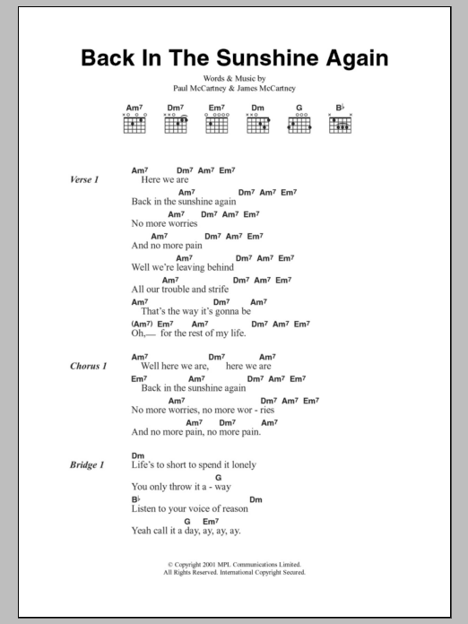 Paul McCartney Back In The Sunshine Again sheet music notes and chords. Download Printable PDF.