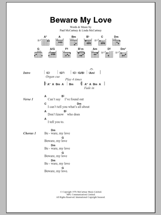 Paul McCartney Beware My Love sheet music notes and chords. Download Printable PDF.