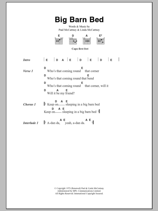 Paul McCartney Big Barn Bed sheet music notes and chords. Download Printable PDF.