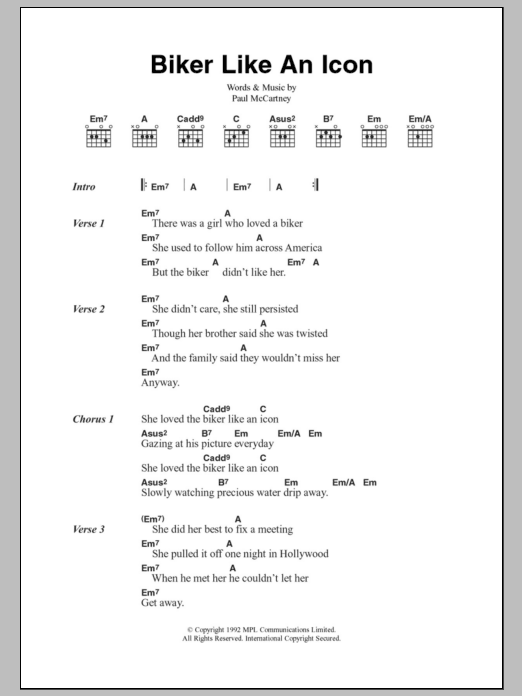 Paul McCartney Biker Like An Icon sheet music notes and chords. Download Printable PDF.