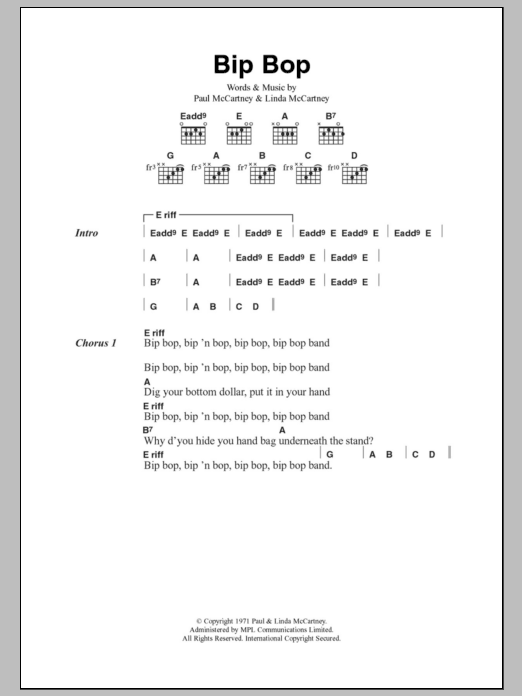 Paul McCartney & Wings Bip Bop/Hey Diddle sheet music notes and chords. Download Printable PDF.