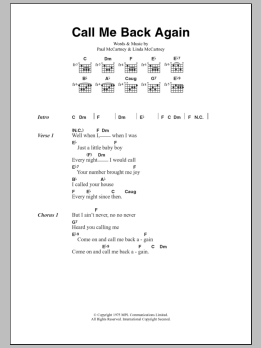 Paul McCartney Call Me Back Again sheet music notes and chords. Download Printable PDF.