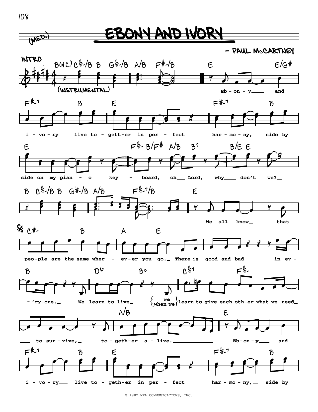 Paul McCartney Ebony And Ivory sheet music notes and chords. Download Printable PDF.